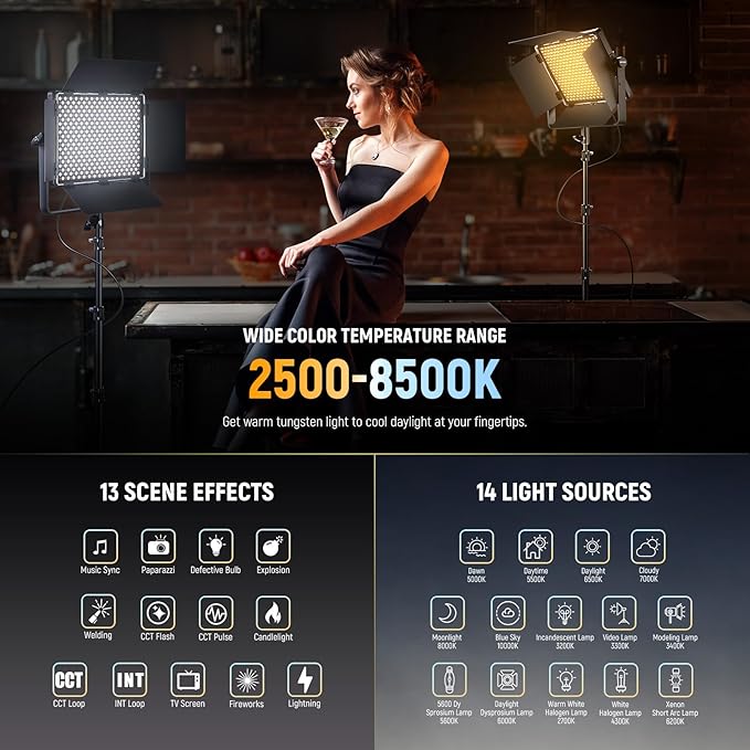 NEEWER Bi Color LED Panel Video Light APP/2.4G/DMX Control, 60W 26600Lux/0.5m 2500K-8500K 13 Scenes V Battery Powered, Lighting for Studio Photography Outdoor Photo Recording Makeup Streaming, PL60B