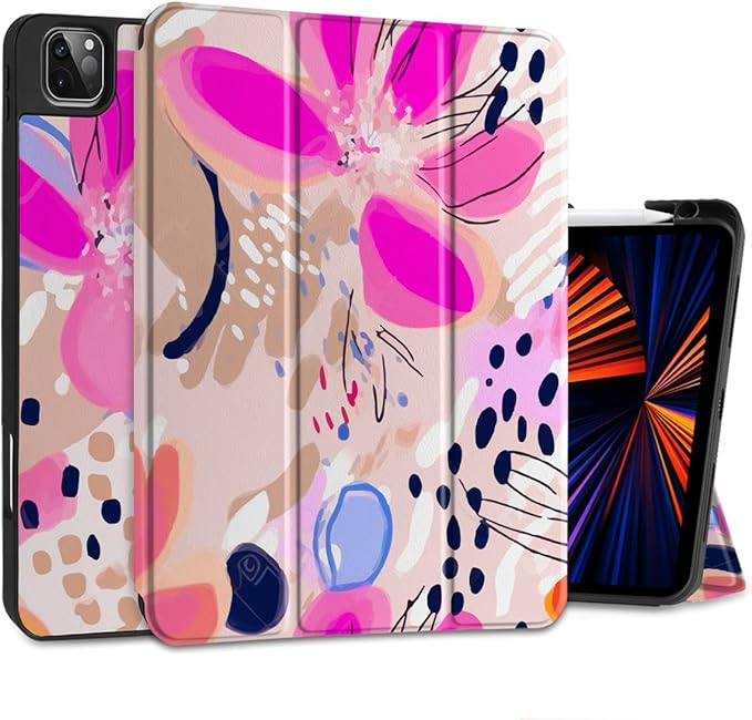 DONGKE Case for 2022/2021/2020/2018 iPad Pro 11 inch Gen 4/3/2/1 - Slim Protective Case - Built in Pencil Holder Support Charging - Trifold Stand & Sleep/Wake Cover - Floral Artistic