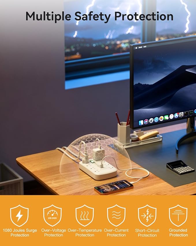 10Ft Extension Cord with Multiple Outlets, Flat Plug Surge Protector Power Strip 10 Ft Long Cord, 8 Outlets & 6 USB (3 USB C), Desk Charging Station for Home Office, College Dorm Room Essentials
