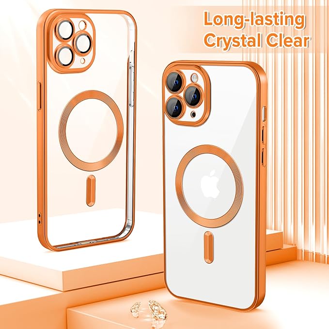 Hython Magnetic Clear for iPhone 11 Pro Max Case with Camera Lens Protector [Compatible with MagSafe] Plating Edge Slim Soft TPU Cover Protective Phone Case for iPhone 11 Pro Max 6.5", Matte Orange