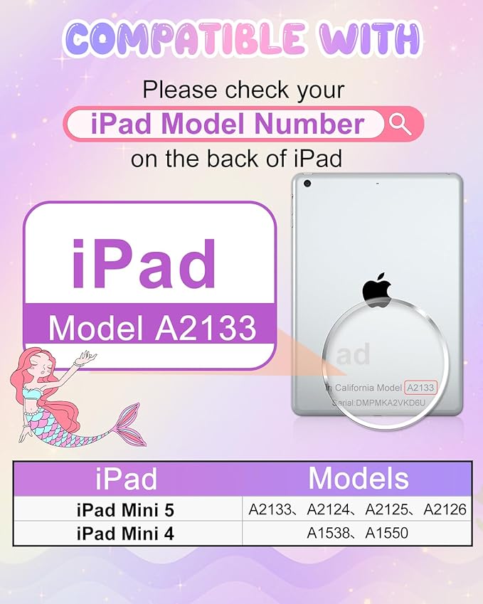 Boaretiu for iPad mini 4 Case/Mini 5th Generation Case - Cute Cartoon Mermaids Girls Teens Soft 3D Silicone for iPad 7.9 Inch Tablet Cover with Strap & Rotating Stand