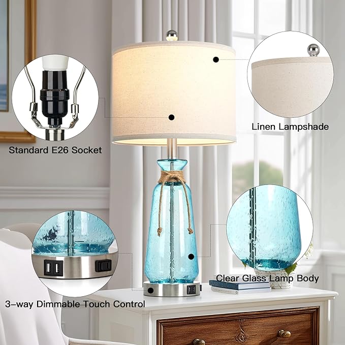 Rinweey 26" Coastal Lamps for Living Room Set of 2,3-Way Dimmable Bedside Lamps with USB Ports and AC Outlet, Nautical Lamps for Nightstand Bedroom Living Room,Teal