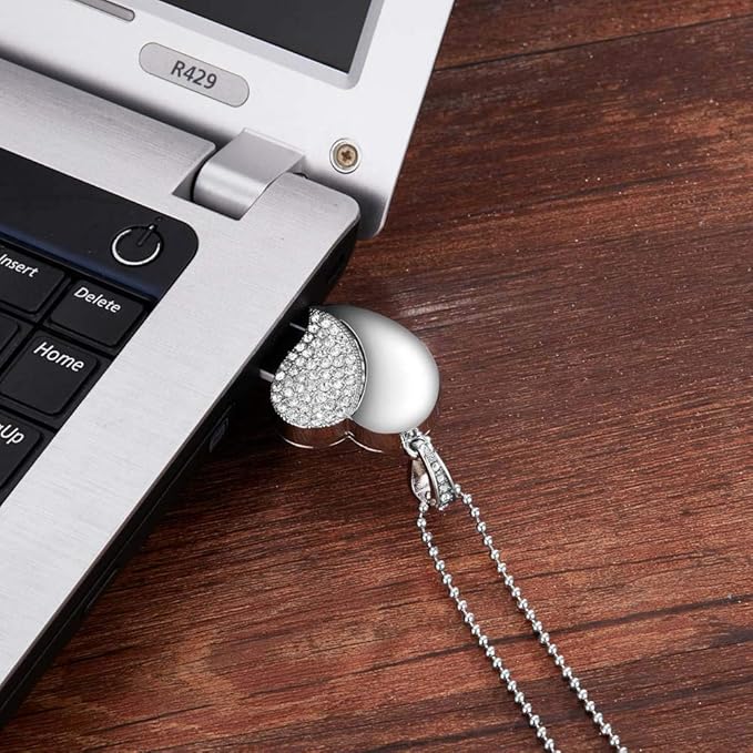 USB Flash Drive, Diamond Heart 8GB / 16GB / 32GB USB2.0 Waterproof USB Memory Stick Date Storage Pendrive Thumb Drives (16GB, Silver Heart)