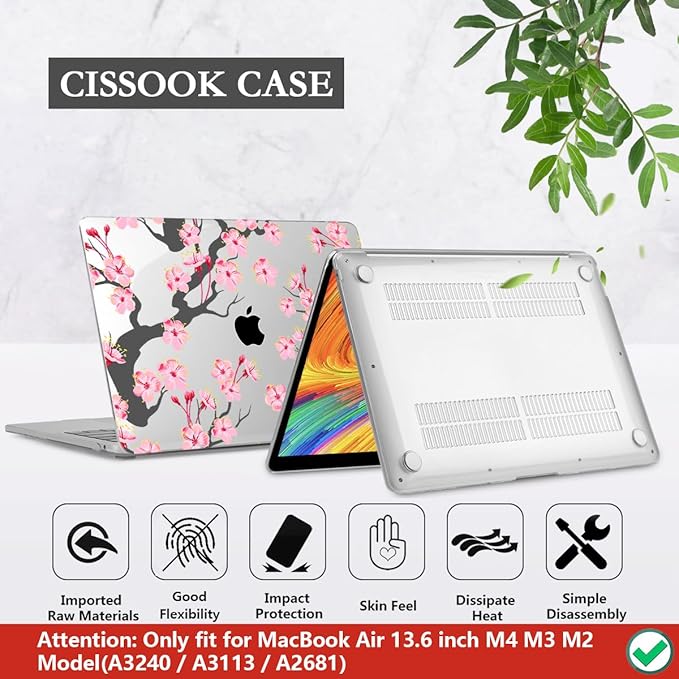 CISSOOK Compatible with MacBook Air 13.6 Inch Case A2681 A3113 A3240 A3449 2022-2026 Release, Hard Shell Case with Keyboard Cover for MacBook Air 13.6 M2 M3 M4 M5 - Cherry Blossoms