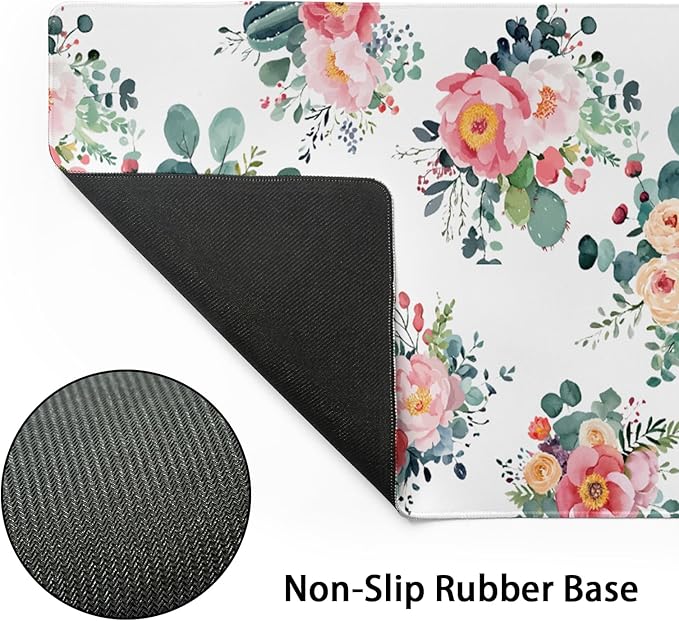 Pink Floral Mouse Pad Large Watercolor Pink Floral Mouse Pad Extended Non-Slip Mousepad with Stitched Edges 35.4x15.7 Inch Non-Slip Rubber Base Desktop Protectors Mats for Home Office Accessories