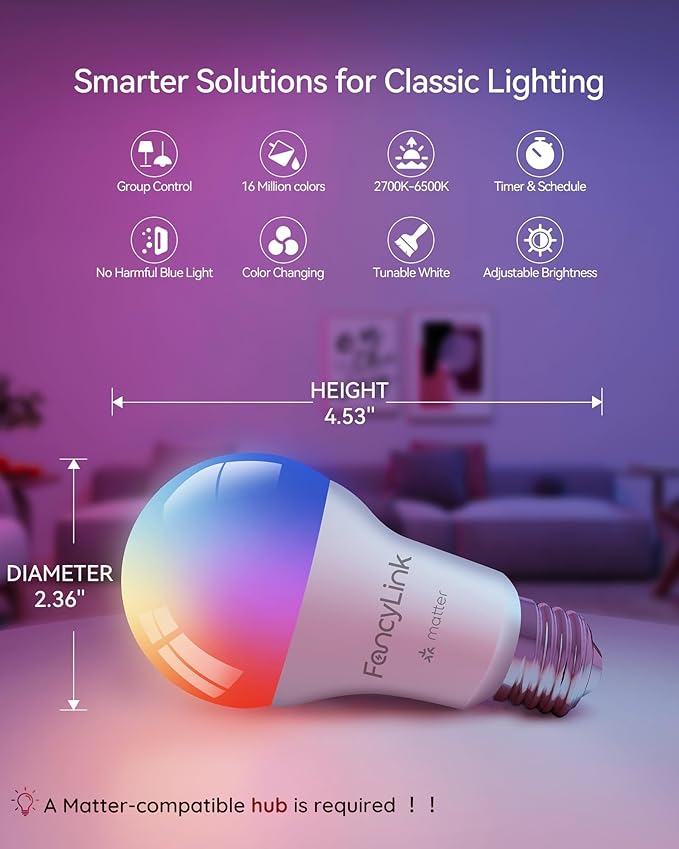 Matter Smart Light Bulbs, Color Changing Light Bulb, hub Required, A19 60W,2.4Ghz WiFi only,Compatible with Alexa Google Assistant, Apple Home,16 Million Colors RGBCW 800 Lumen,4 Pack