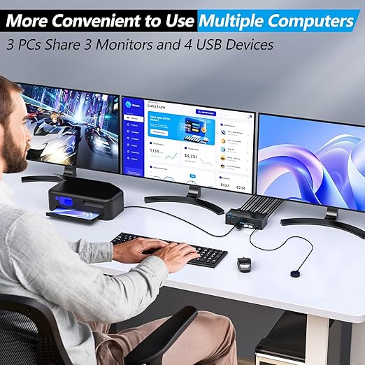KVM Switch 3 Monitors 3 Computers, ANXQQ 8K@60Hz 4K@144Hz Triple Monitor KVM, HDMI + Displayport KVM Switch with 4 USB 3.0 Ports, 3 Monitor KVM with Power Adapter and Wired Remote