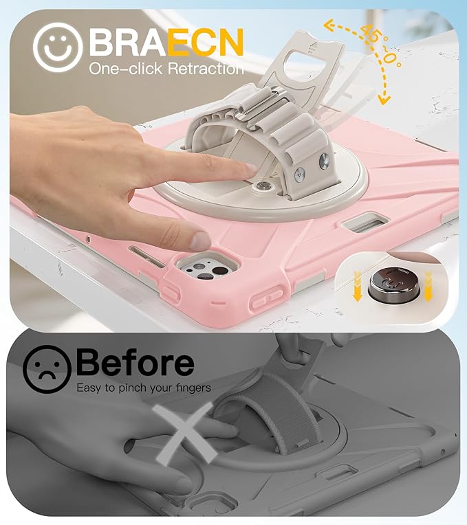 BRAECN for iPad Pro 13 inch Case M5 2025 & M4 2024 Heavy Duty Shockproof Protective with Pencil Holder Screen Protector 360°Rotating Stand Handle & Shoulder Strap Full Body Cover Kids Friendly