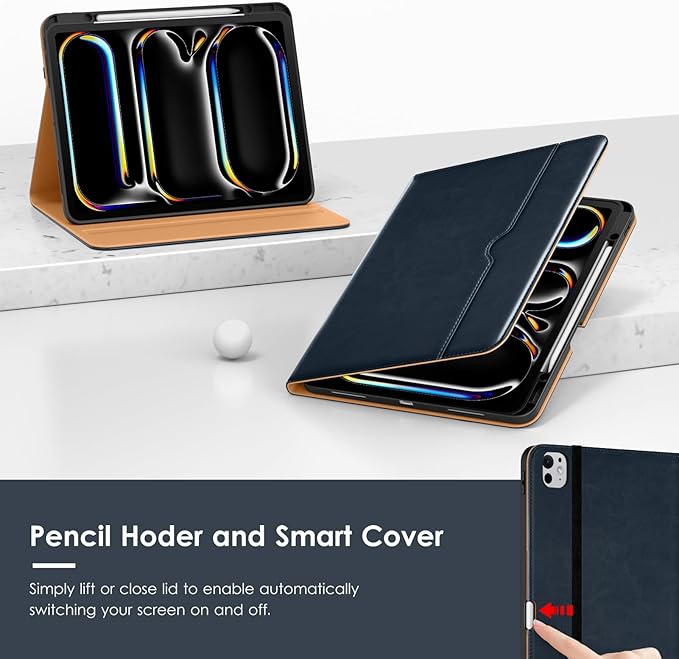 VIKESI Case for iPad Pro 13-inch M5 or M4 Released in 2025 or 2024, Leather Stand Cover with Apple Pencil Holder, Auto Wake/Sleep, Multiple Viewing Angles, Built in Hand Strap & Pocket,Blue