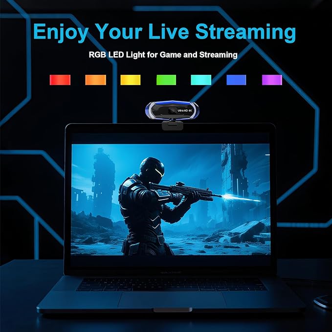4K Webcam for PC, 4K Webcam with Remote Control and RGB Light, Autofocus Streaming Camera for PC/Mac, Plug and Play Computer Camera for Zoom/Skype/YouTube/Meeting