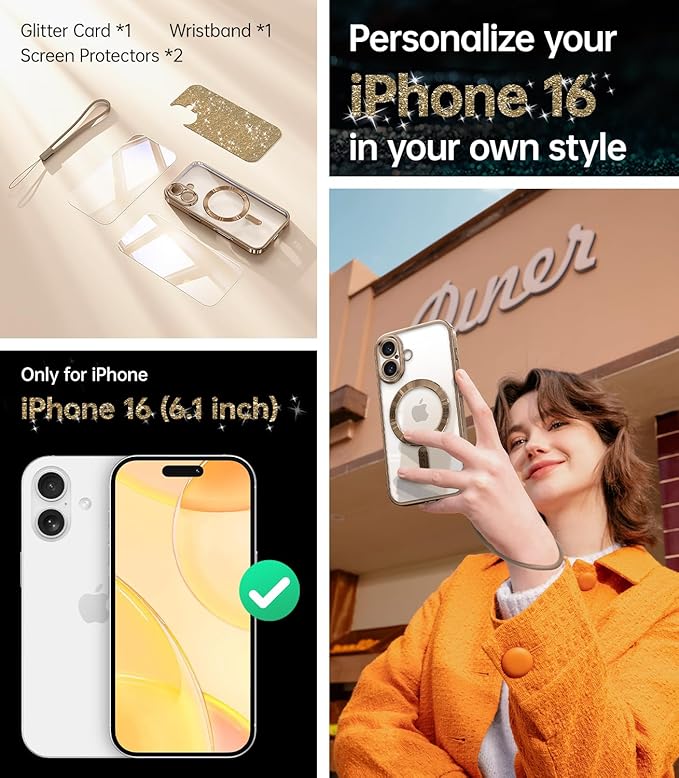 Meifigno Case Designed for iPhone 16 6.1 inch, [Compatible with MagSafe] [2X Screen Protectors] [Glitter Card & Wrist Strap] Surround Lens Protection Designed for iPhone 16 Case Girls, Desert Titanium