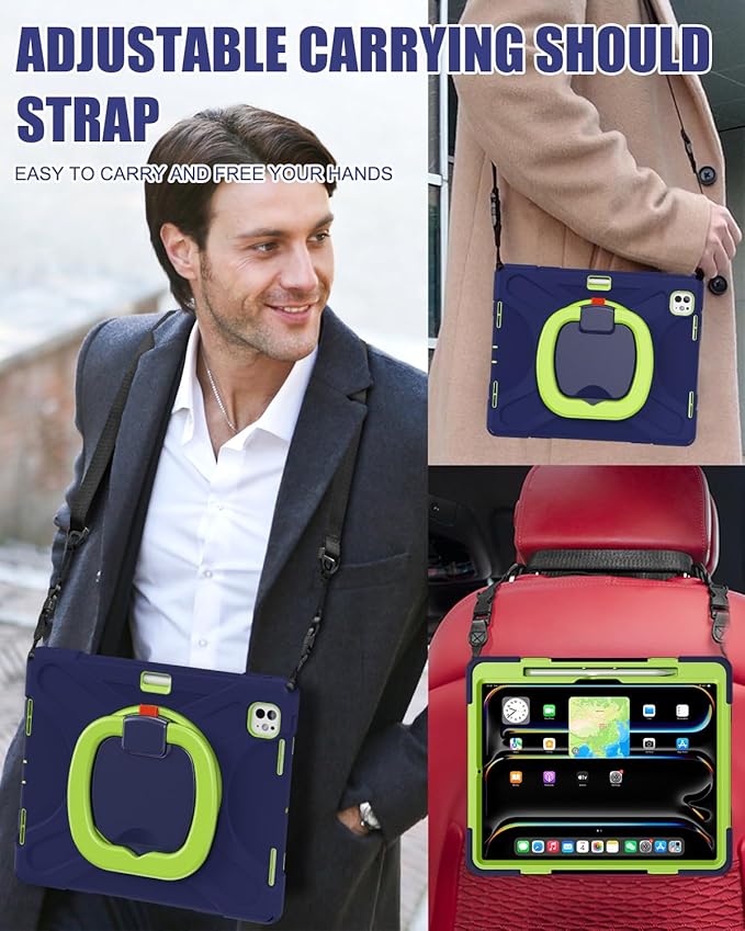 BRAECN for iPad Pro 13 Inch Case (M5/M4) 2025/2024, Shockproof Rugged Silicone Cover with 360°Rotating Handle Grip, Shoulder Strap, Pencil Holder & Ultra Stable Kickstand for Pro 13 Inch, Navy Green