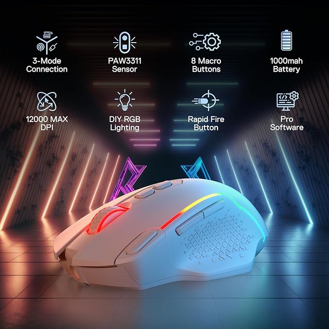 Redragon M810 MAX 3-Mode Wireless Gaming Mouse, 12000 DPI Wired/Wireless RGB Mouse w/Rapid Fire Key, 8 Macro Buttons, 188-Hour Reliable Power Capacity for PC/Mac/Laptop