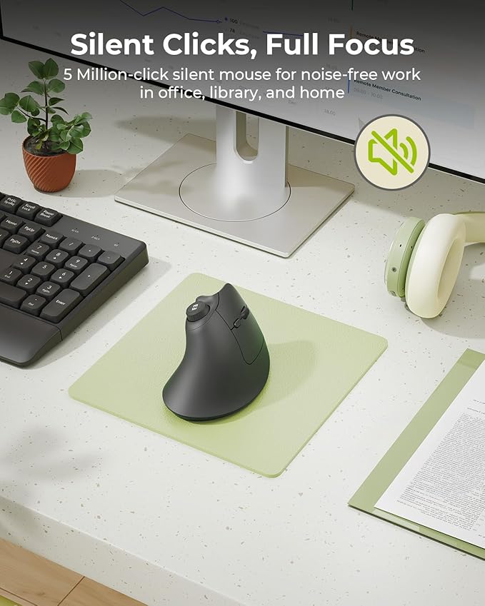 seenda Ergonomic Mouse Wireless, MOU-302 Bluetooth Vertical Mouse Rechargeable, Volume Knob, Silent Mice & 1000/1600/2400 DPI, 3 Multi-Device Connection for Windows/PC/Laptop/Mac/MacBook, Black