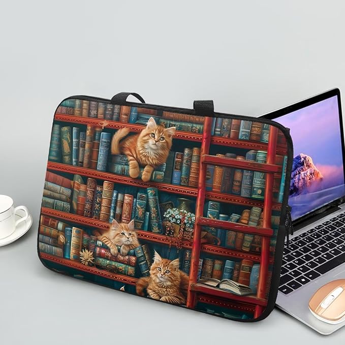 Vintage Bookshelf Laptop Sleeve Case Computer Cover Compatible with 10-17 Inch Tablet Cute Cat Protective Carrying Bag Briefcase Carrying Case, 12 Inch, Book Lover