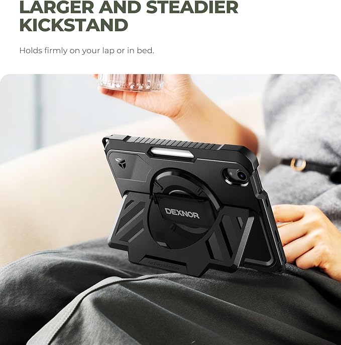 Dexnor Case for iPad mini 7 (A17 Pro) 2024/mini 6 2021 8.3 inch, Rugged Protective Case with 360° Rotating Hand Strap & Large Stand & Screen Protector & Pencil Holder Shockproof Full-Body Cover, Black