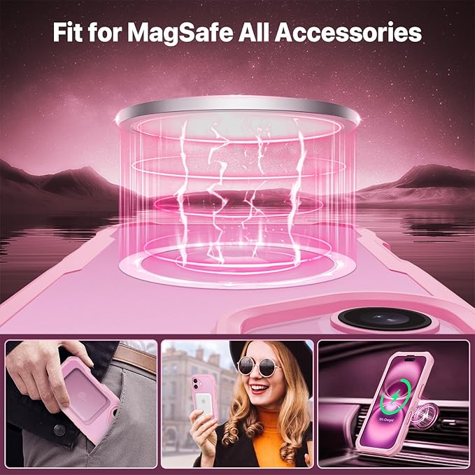 CENHUFO Magnetic Privacy for iPhone 16 Case [Compatible with Magsafe] Full Body Phone Case Built-in 9H Tempered Glass Privacy Screen Protector and Camera Lens Cover, Shockproof Bumper Clear - Pink