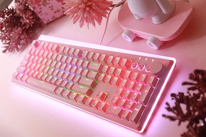 i-rocks K71M RGB Mechanical Gaming Keyboard with Media Control Knob, Switches (Blue), 107 Keys w/Full NKRO, PBT Keycaps, Multimedia Hotkeys, Detachable USB-C Cable and Onboard Storage, Pink