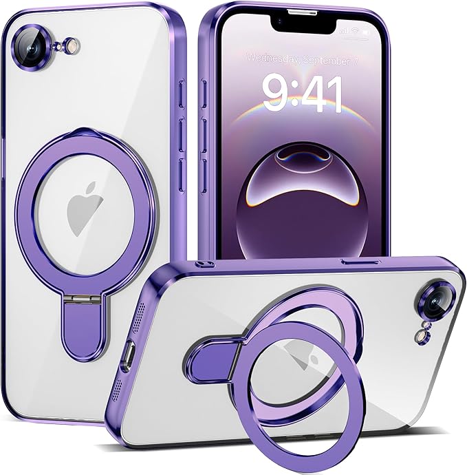 Compatible with iPhone 17E/16E Case with Invisible Magnetic Ring Stand [Compatible with Mag-Safe] [Full Camera Lens Protector] Plating Clear Phone Case for iPhone 17E/16E 6.1", Purple