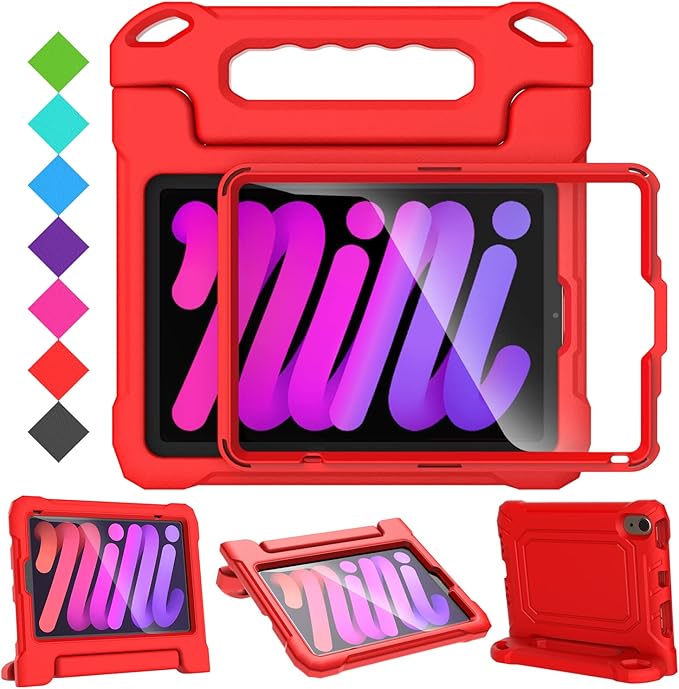 SUPLIK Kids Case for iPad mini 7 (A17 Pro) 2024 & Mini 6 2021, iPad mini 6th/7th Generation Case with Screen Protector, Durable Shockproof Handle Stand Cover for 8.3-inch iPad mini 6/7 Gen, Red