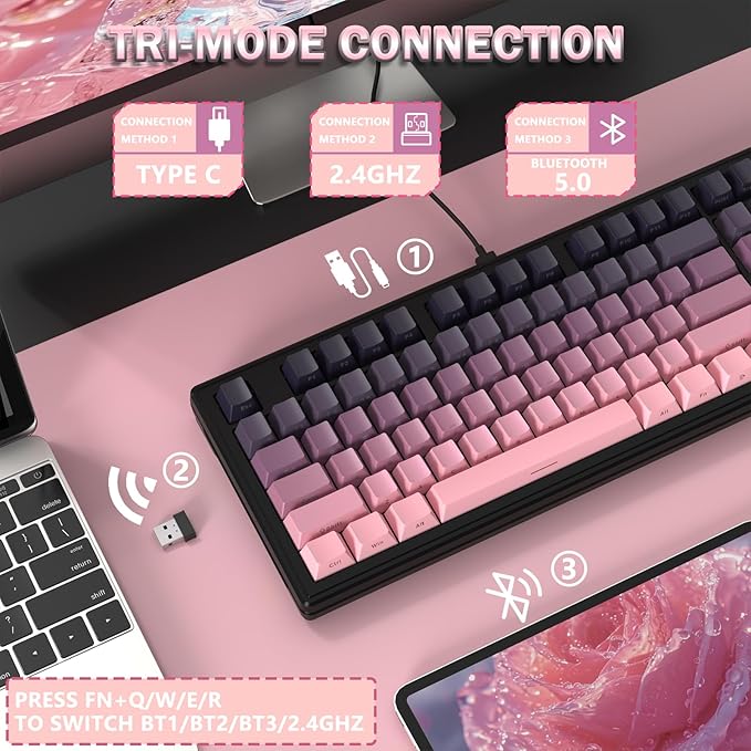 FELICON Attack Shark M87 80% Wireless Mechanical Gaming Keyboard, Tri-Mode (Bluetooth/2.4GHz/USB-C), RGB Backlit, Hot-Swappable PBT Keycaps – Pink