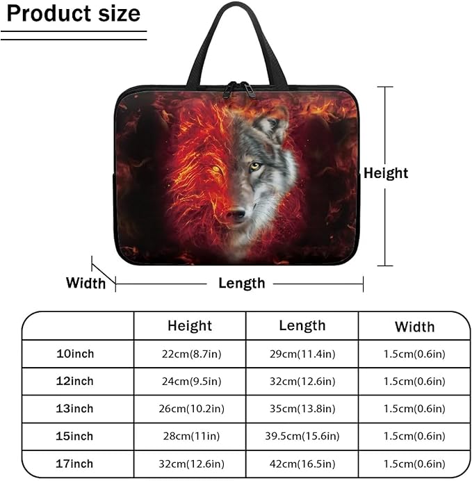 Flaming Wolf Laptop Case 10 Inch Sleeve, Protective Computer Covers with Accessory Pocket, Wildlife Animal Compatible Sleeve Bag for Most 10-17 Inch Notebooks, Black & Red