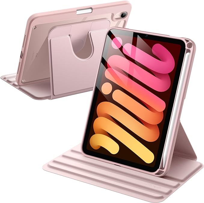 JETech Rotating Case for iPad mini (A17 Pro, 2024 Model, 7th Generation) / mini 6 (2021 Model, 6th Generation) with Pencil Holder, 360 Degree Rotation Protective Stand Cover Clear Back (Pink)