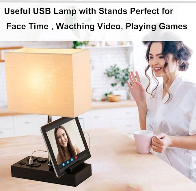 Briever Upgraded 3 USB Table Lamp with 2 USB A & C Charging Ports, Bedside Desk Lamp with 2 AC Outlets and Wooden Phone Stand Organizer, Ideal Nightstand Lamp for Bedroom, Guest Room, Office