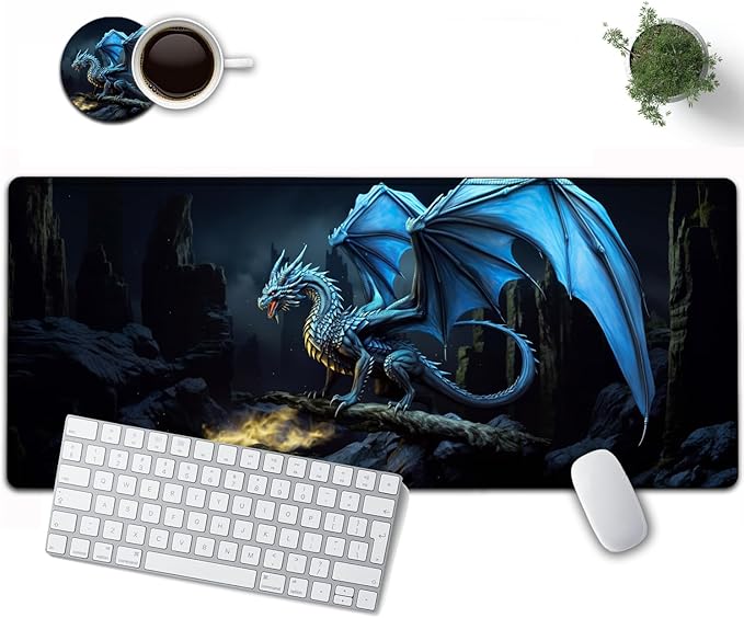 Large Mouse Pad, 31.5 x 11.8in Extended Gaming Mouse Pad with Stitched Edges, XXL Mousepad Protector Non Slip Rubber Base for Office and Home Writing Mat, Blue Flying Dragon Pattern Black Desk Mat