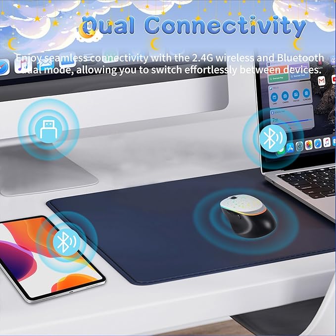 elec Space Bluetooth Wireless Mouse with Starry Sky RGB Backlight& Gradient Breathing Light - Ergonomic Dual Mode Rechargeable Mouse, Type-C Charging - Perfect for Office, Gaming & Travel (White)