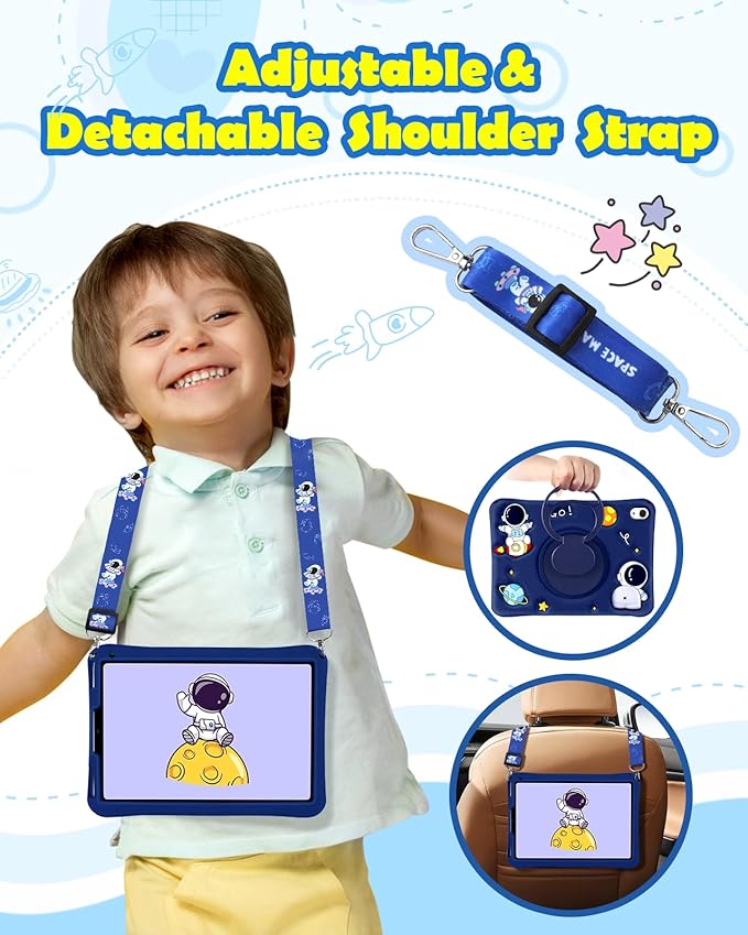 Wazzasoft for iPad mini 7 A17 Pro 2024, for iPad mini 6 Case 8.3 Inch Boys Cute Astronaut Cover Kawaii Spacemen Cool with Rotating Stand + Strap Soft Silicone Funda for iPad mini 7th/6th Gen Cases