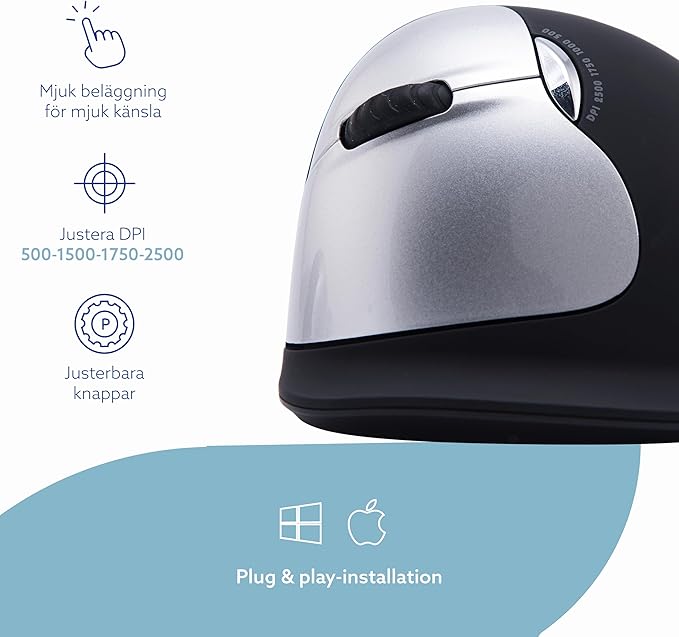 R-Go HE Vertical Ergonomic Mouse Wireless, Large Left Hand, 1750 DPI, 5 Buttons, Prevents Tennis Elbow/Mouse Arm RSI- Compatible Windows/Mac, Black/Silver