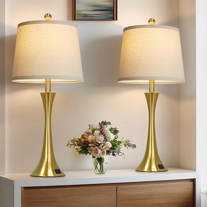 Rinweey 27.5" Gold Lamps Set of 2, Touch Control 3-Way Dimmable Bedside Nightstand Lamps Bedroom Lamp,Modern Gold Table Lamp with USB A+C Ports,Tall Lamps for Living Room End Table Home Office