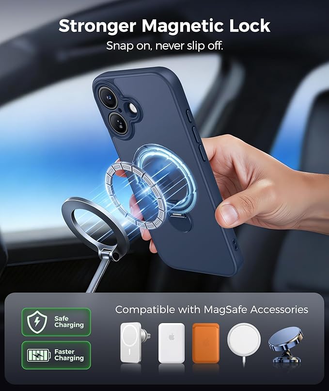 FNTCASE for iPhone 16 Plus Case: [360 Spin Magnetic Stand] [Compatible with Magsafe] [Screen Protector] Translucent Matte Military Grade Shockproof Full Camera Protective Phone Cover - Deep Blue