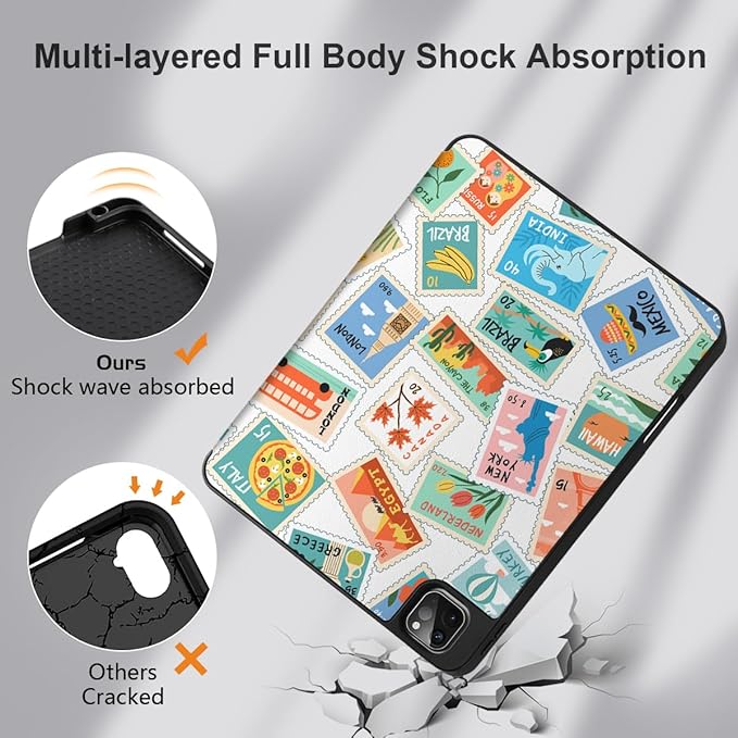 DONGKE Case for iPad Pro 12.9 inch 6th Generation 2022, Built-in Pencil Holder + Trifold Stand + Auto Wake/Sleep + Protective Cover for iPad Pro 12.9 5th/4th/3rd Gen- Post Stamps