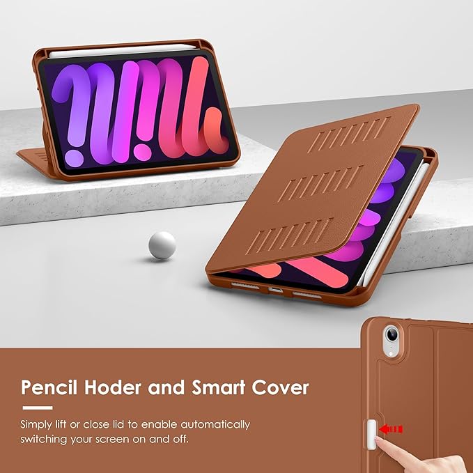 VIKESI Case for iPad mini 7 (A17 Pro) and iPad mini 6,Multiple Angles Magnetic Stand Cover,Shockproof Soft Back,Pencil Holder,and Auto Sleep/Wake,Brown