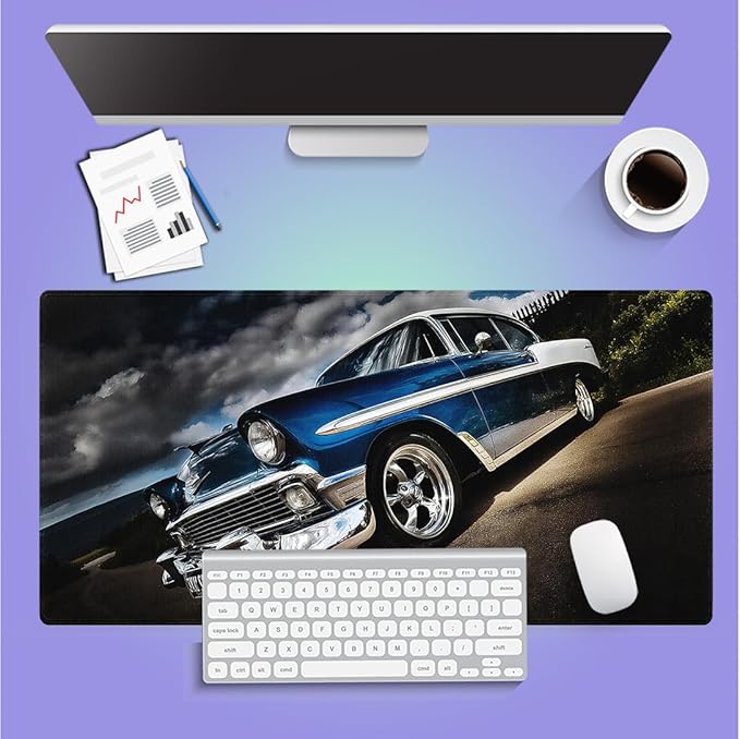 Large Gaming Mouse Pad (31.5" x 15.8") - Elegant Blue Classic Car Journeying on a Peaceful Road, Extra XXL Office Accessories, Premium Stitched Anti-Slip Office Desk Mat