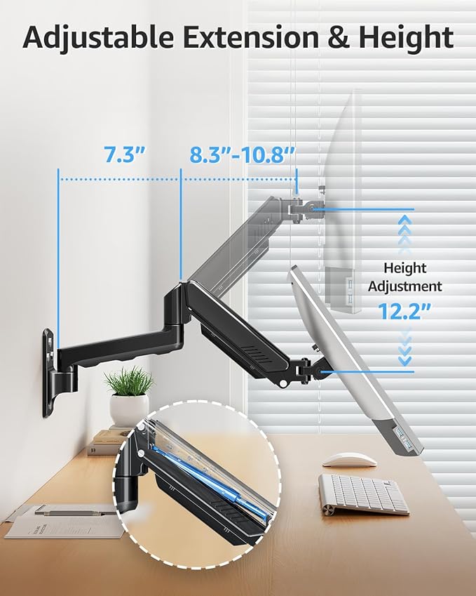 MOUNTUP Single Monitor Wall Mount for Max 32 Inch Computer Screen, Fully Adjustable Monitor Arm, Wall Mount Monitors Holder Support 4.4-19.8lbs Display, VESA Bracket Fit 75x75mm, 100x100mm