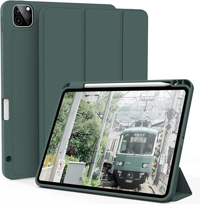 kenke Case for iPad Pro 11 Inch 4th/3rd/2nd Generation (2022/2021/2020) with Pencil Holder, Slim Trifold Smart Cover with Soft TPU Back, Support 2nd Gen Pencil Charging, Auto Sleep/Wake, Dark Green