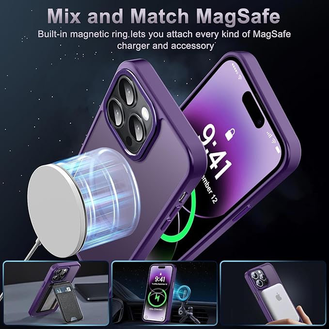 Newfuture Designed for iPhone 14 Pro Max Case with Magnetic [13 FT Military Drop Protection] [Compatible with Magsafe] Slim Translucent Matte Shockproof with Anti-Fingerprint Phone Case, Deep Purple