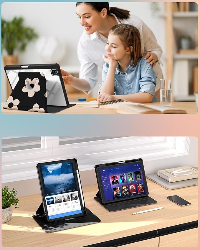 Uppuppy for iPad Pro 12.9 Case Folio Cover with Pencil Holder Girls Women Cute Girly Kids kawaii Flower Floral Pretty Black Design Rotating Stand for Apple iPad Pro 12.9 Inch Cases 2022/2021/2020/2018