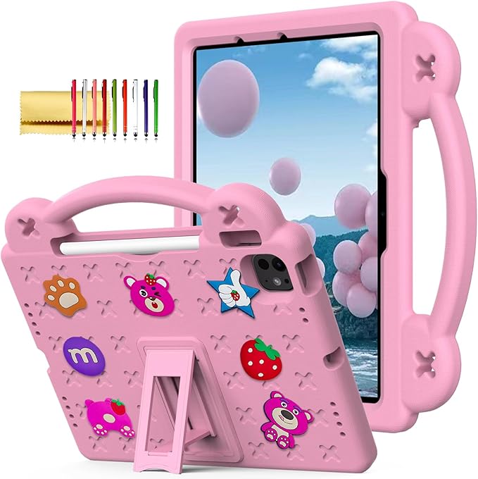 Dteck for iPad Air 6th Gen 11 Inch Case 2024,iPad Pro 11 Inch Case 2024 5th Gen(M4),Strawberry Panda Shockproof Rugged Lightweight Convertible Stand Kids Friendly Tablet Case with Handles,Pink