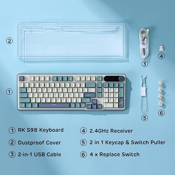 RK ROYAL KLUDGE S98 Mechanical Keyboard w/Smart Display & Knob, Top Mount 96% Wireless Mechanical Keyboard BT/2.4G/USB-C, Hot Swappable, Software Support, Creamy Sounding, 98 Keys