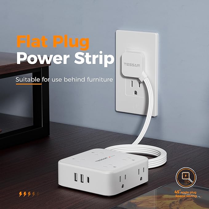 TESSAN Surge Protector Power Strip, 15 Ft Flat Plug Extension Cord with 3 USB (1 USB C) 8 Outlets, 1250W, 900J Protection, 3 Sided Outlet Extender with Power Switch for Office, Dorm Room, White
