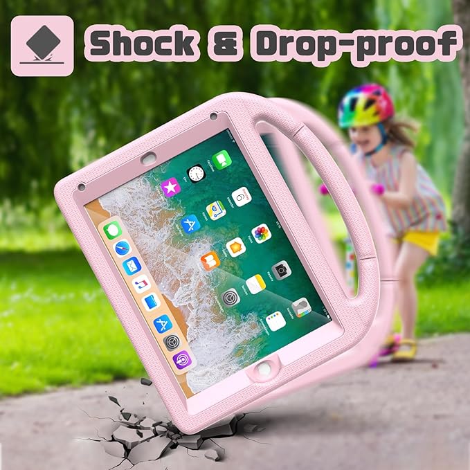 YIHE Shockproof Kids Case for iPad 6th/5th Generation (9.7 inch, 2018/2017), iPad Air 2/1 & Pro 9.7 | Durable Protective Cover with Built-in Screen Protector & Stable Stand, Light Pink