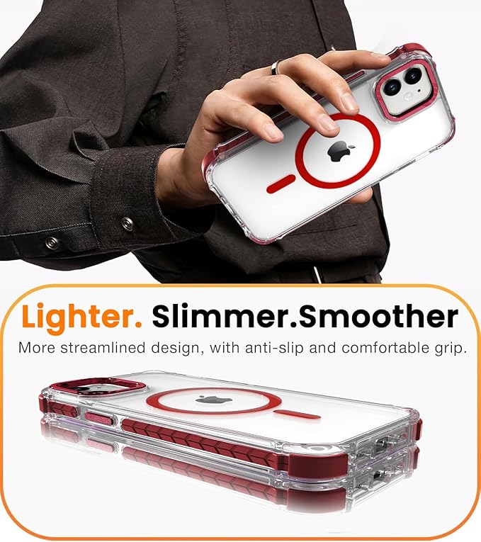 DEERLAMN Strong Magnetic Case for iPhone 12/12 Pro 6.1-Inch,[Compatible with Magsafe][Military Grade Drop Protection] Clear Slim Shockproof Protective Phone Cover-Transparent+Red