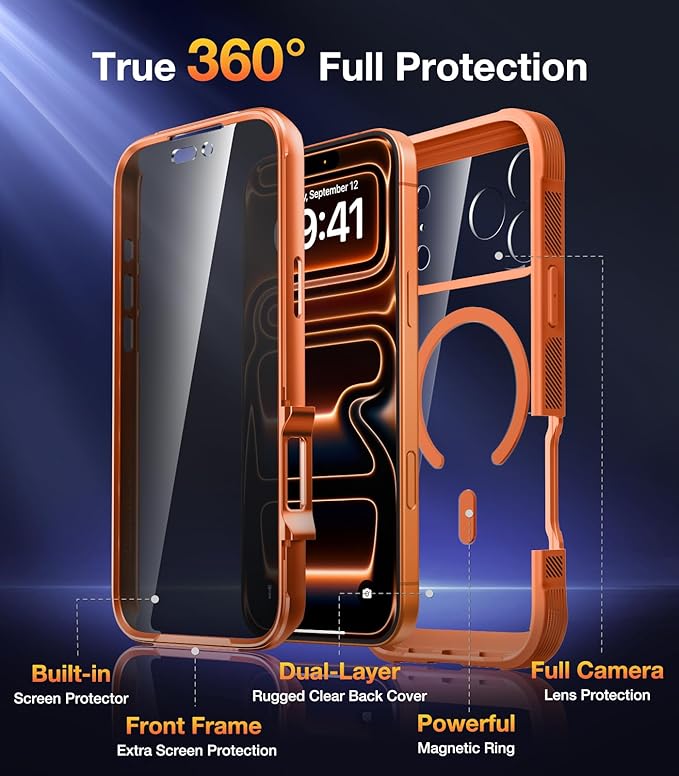 Diaclara Magnetic Designed for iPhone 17 Pro Max Case Full Body Bumper,[Compatible with MagSafe] Military Drop Proof Cover with Built-in Privacy Screen Protector,Orange