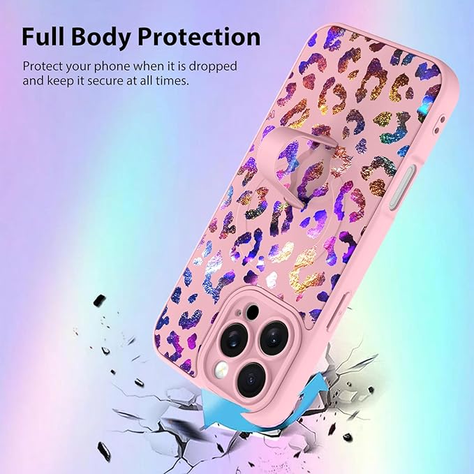 KANGHAR Compatible with iPhone 16 Pro Case, Support for MagSafe, Silicone Cute Iridescent Leopard Cheetah Pattern, Wristband Kickstand Shockproof Protective Slim Cover for Women Girls, Pink
