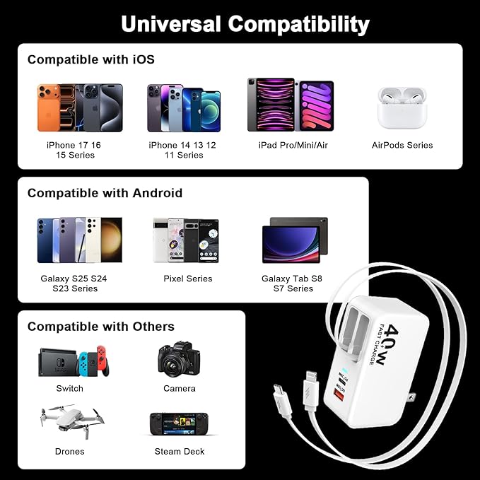 4-in-1 Retractable Wall Charger, 40W Retractable iPhone Charger Wall Plug with Dual 3ft Lightning + Type C Charging Cables, 4-Ports USB C Charger Foldable Block for iPhone 17 16 15 14 13 12 11 8 7