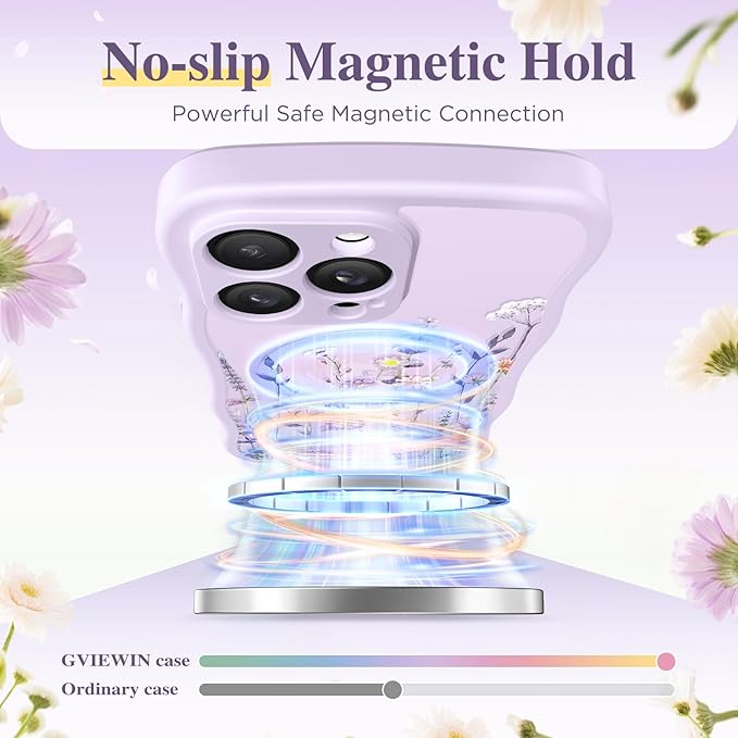 GVIEWIN for iPhone 14 Pro Case Compatible with MagSafe [Curly Wave Edge][Full Camera Protection] Floral Translucent Shockproof Magnetic Women Phone Case for 14 Pro, Floratopia/Colorful